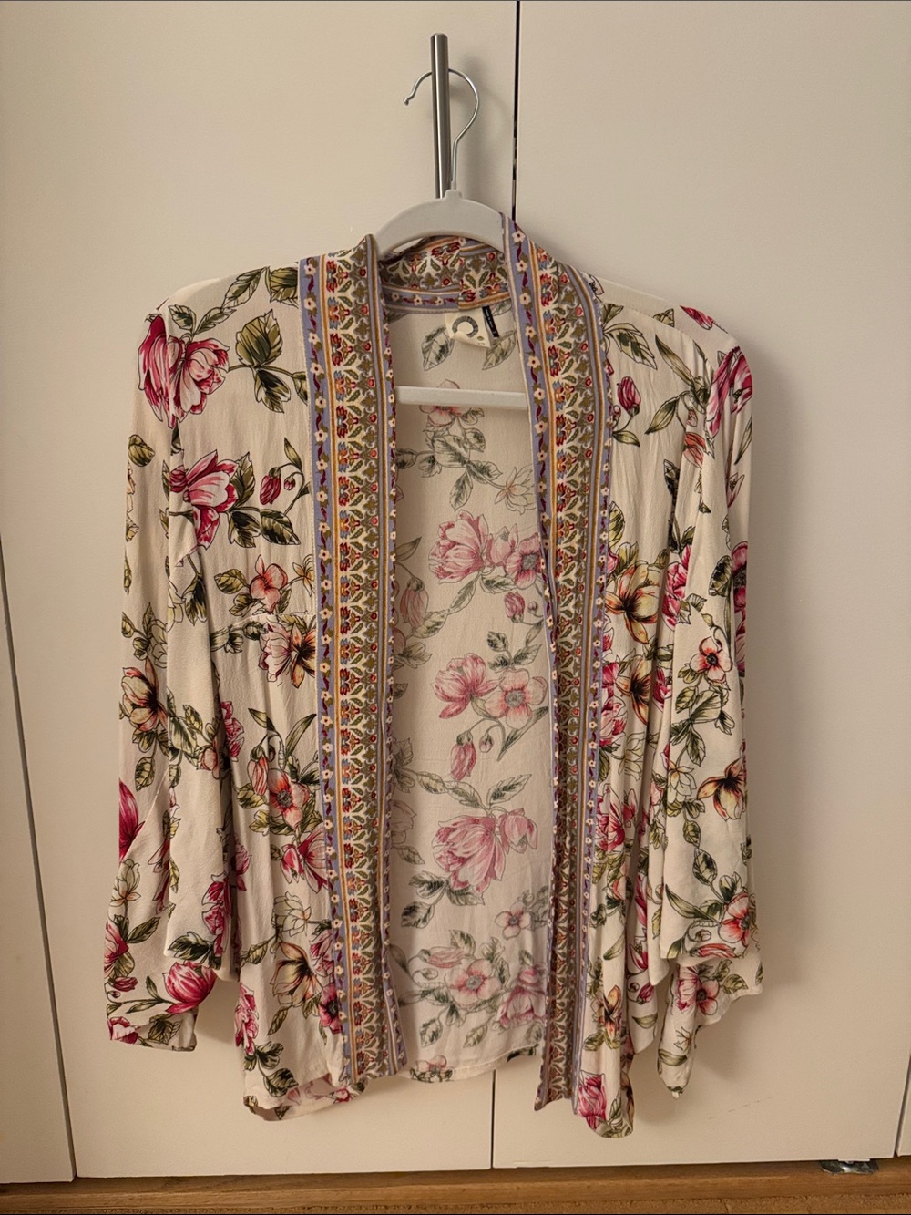 Floral Open-Front Tunic Cardigan - Cream with Pink Floral